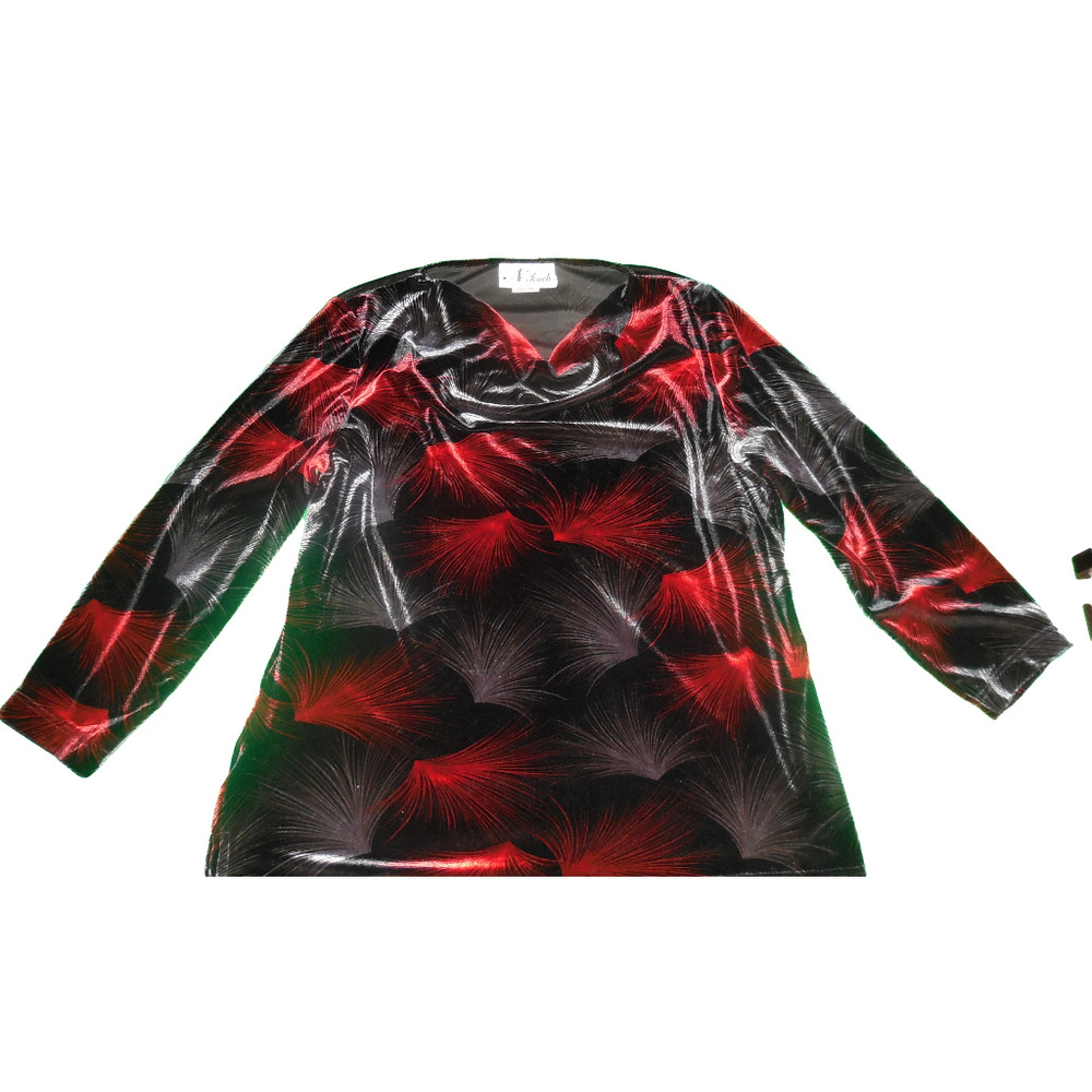 Vintage Top Velvet LARGE Red Gray Black Blouse stretchy pullover